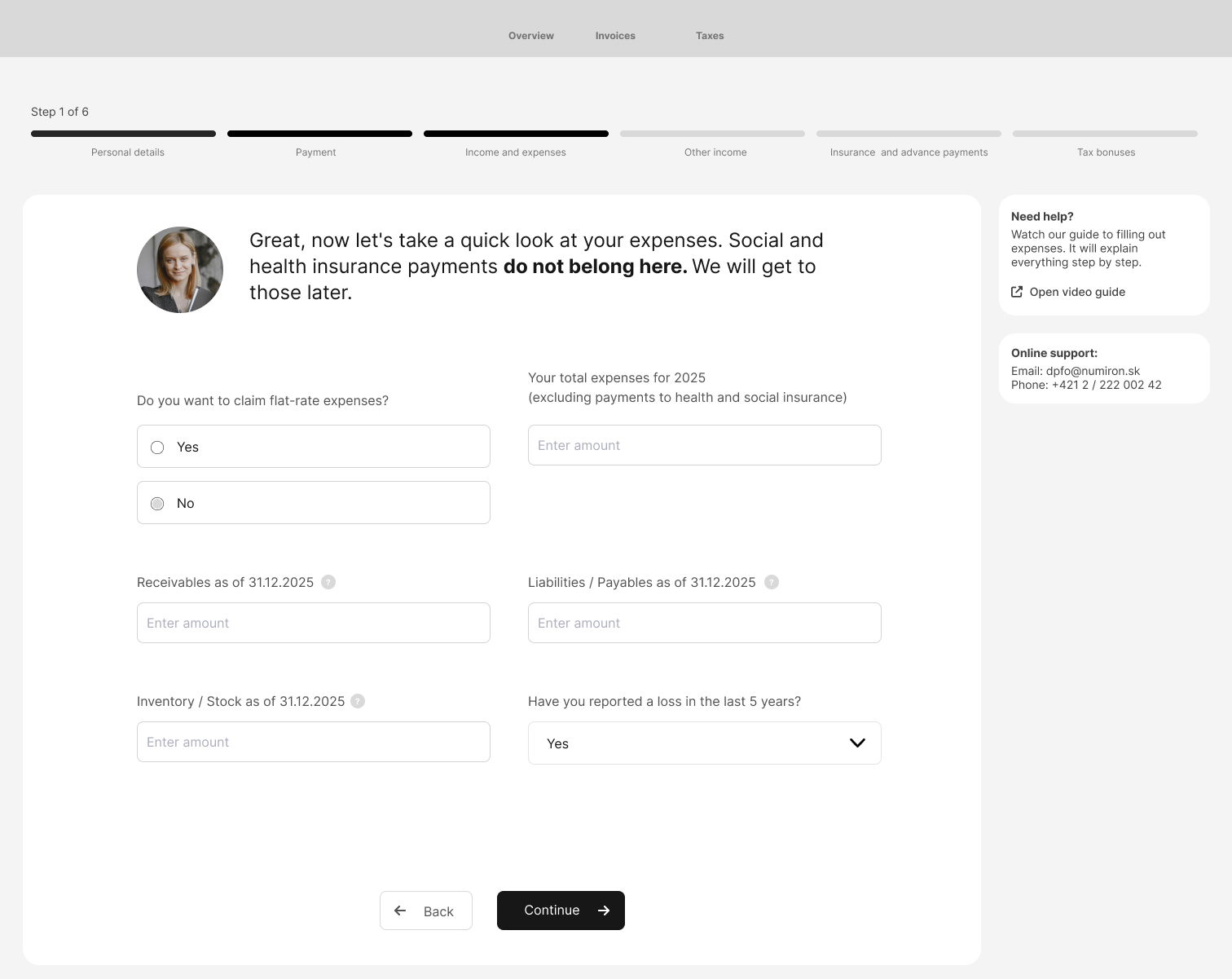 Prototype of the expenses step with Nina guiding the user